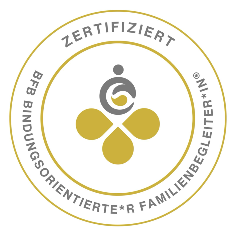 Zertifikat für bindungsorientierte Familienbegleiter*innen in goldener Farbe.